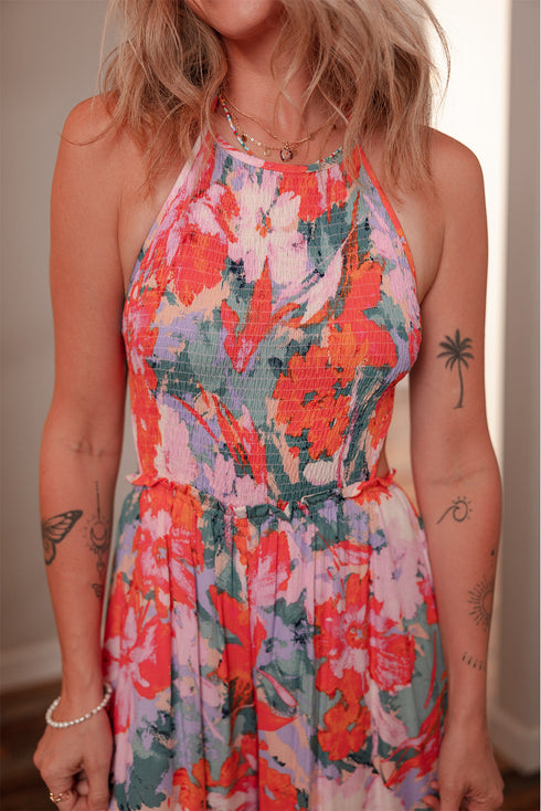 Enchanted Floral Print Smocked Halter Neck Wide Leg Jumpsuit